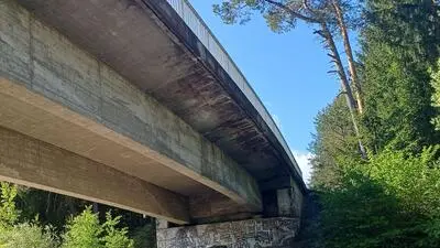 Seitlicher Blick von unten auf eine Brücke, daneben sieht man einen Wald