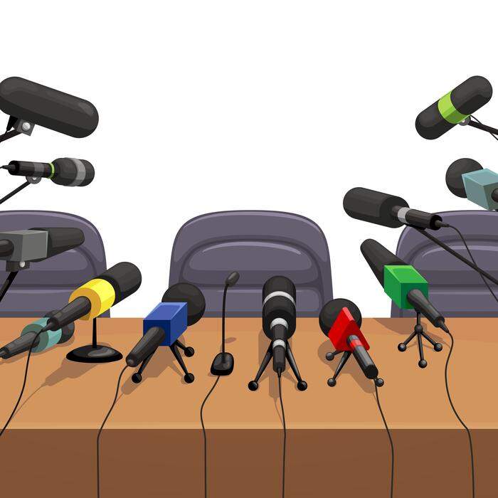 Press conference table with microphones, interior. Live broadcast interview, public speaker speech or announcement, television press conference or news, politics debate vector concept or background