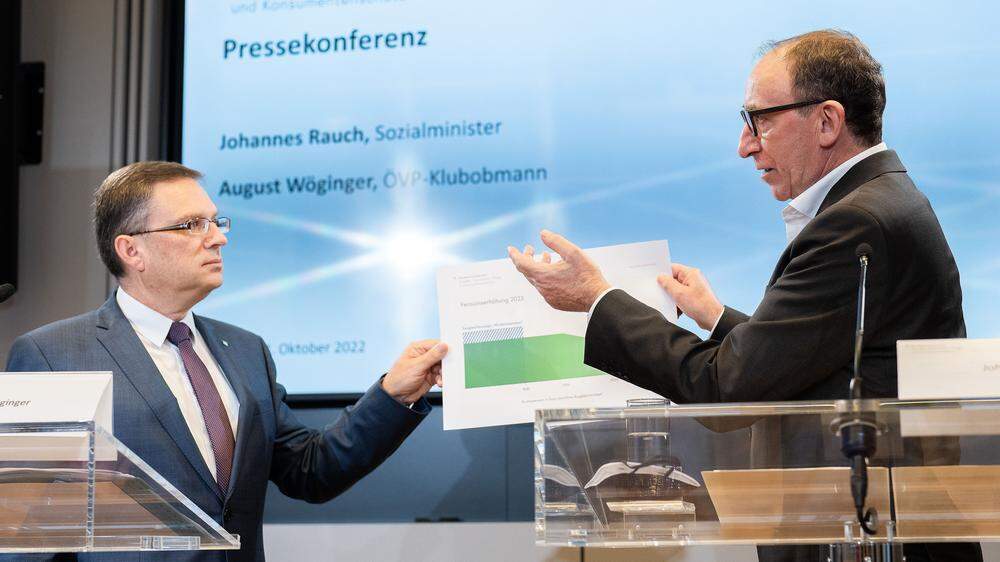 Nur keine Zumutungen bei den Pensionen: ÖVP-Klubchef Wöginger (l.) und Sozialminister Rauch bei der Präsentation der Pensionserhöhungen für 2023