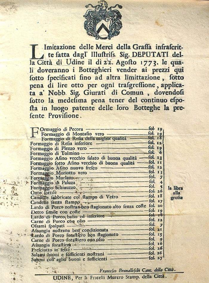 Preisliste aus dem Jahr 1773, in der der Käse erwähnt wird