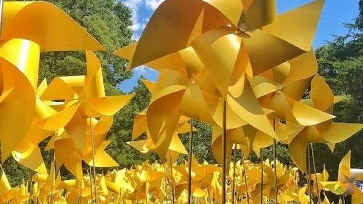 Mehr als 7.000 knallgelbe Windrädchen schmücken neuerdings einen verwahrlosten Rosengarten im Prospect Park