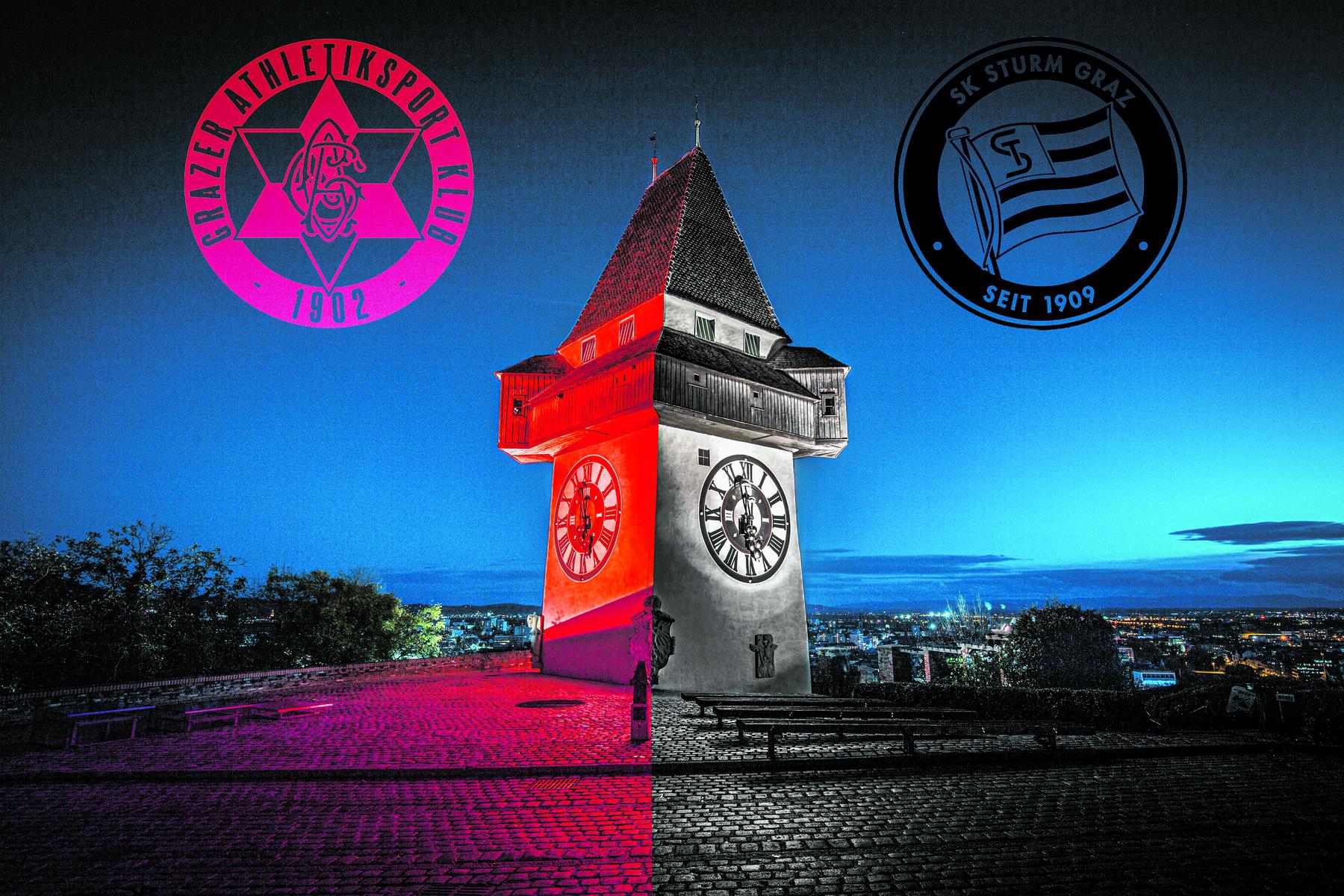 Am 20. und 25. Mai: Graz färbelt den Uhrturm für Sturm und GAK in ihren Vereinsfarben an