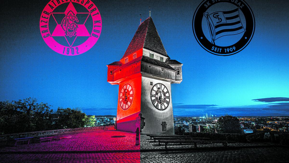 Der Grazer Uhrturm wird für die Meisterteams des GAK und Sturm „umgefärbelt“