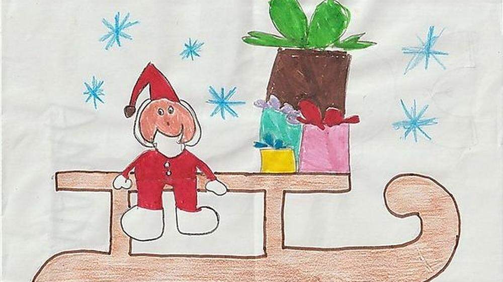 Johanna aus Klagenfurt hat im vergangenen Advent 2020  einen Weihnachtsmann auf einem Schlitten mit vielen Geschenken gemalt