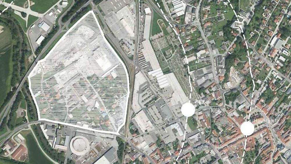 Das betroffene Gebiet ist durch die B54 (am Bild oben), die Raab, die Grazer Straße (unten/Rundhalle der Firma Binder) sowie die Bahn (rechts) eingegrenzt