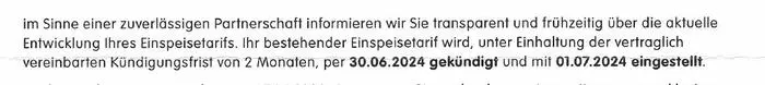 Kündigungsschreiben für PV-Einspeisetarife 