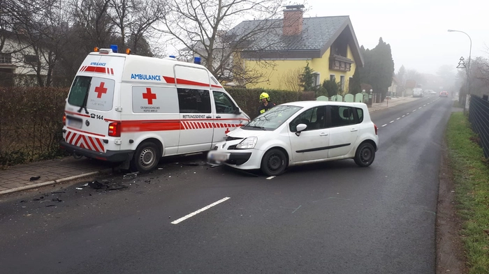 Drei Fahrzeuge der FF Schwarzau am Steinfeld standen am Montag nach dem Zusammenstoß zwischen einem Rettungswagen und einem Auto im Einsatz.