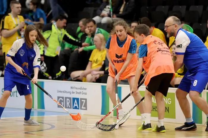 GRAZ,AUSTRIA,16.MAR.24 - SPECIAL OLYMPICS, FLOORBALL - National Winter Games 2024. Image shows competitors.
Photo: GEPA pictures/ Hans Oberlaender