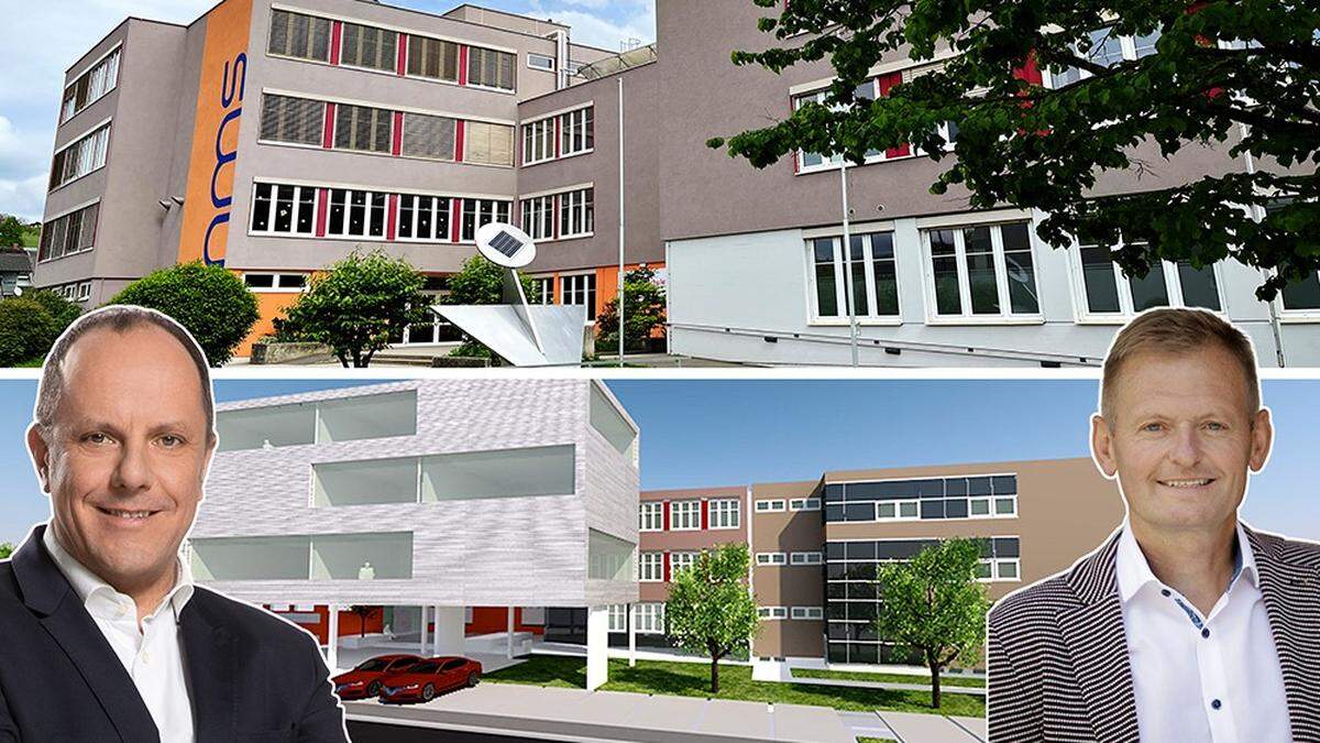 Zubau bei der Mittelschule Gleisdorf: Das Projekt wurde komplett neu aufgesetzt – zur Freude von Bürgermeister Christoph Stark (l.) und Direktor Bernhard Braunstein