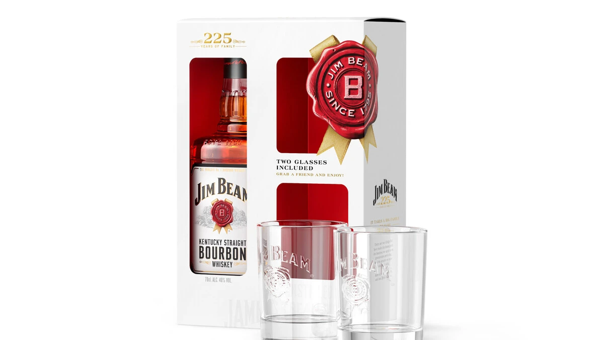 Jim Beam 225-Jahre Jubiläums-Geschenkpackung mit 2 Gläsern zum Anstossen: Für kleine und große Momente. Gesehen bei Merkur und Interspar. 