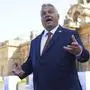Prime Minister of Hungary Viktor Orban speaks to the media as he arrives to attend the European Political Community summit at Blenheim Palace in Woodstock, Oxfordshire, England, Thursday July 18, 2024. (Jacob King/Pool Photo via AP)
