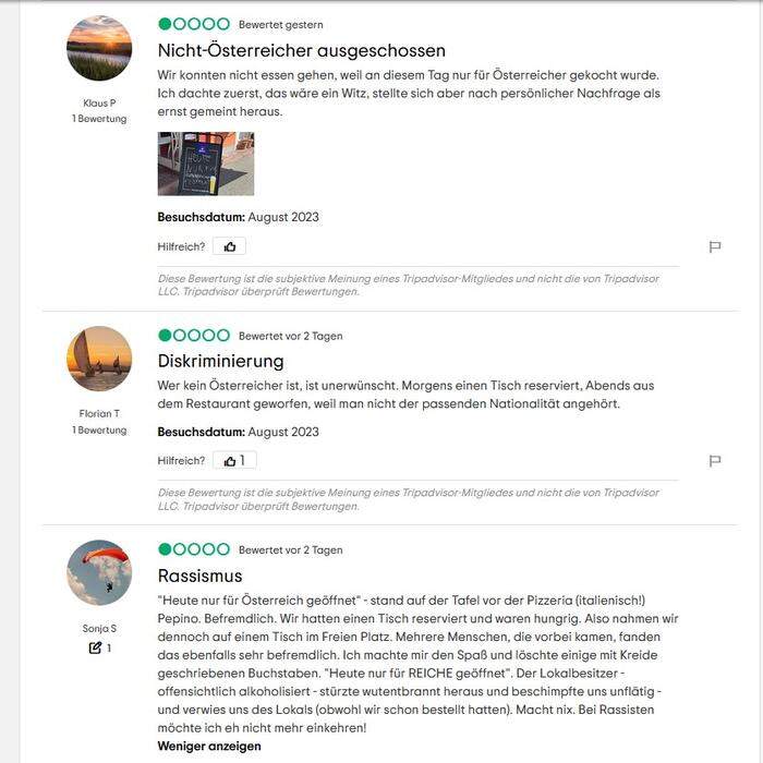 Mit "Nicht-Österreicher ausgeschlossen", "Diskriminierung" und "Rassismus" wurden die Einträge auf Tripadvisor betitelt