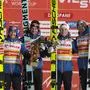 First placed team of Austria celebrates after the team competition of the Ski Jumping World Cup in Zakopane, Poland, Saturday, Jan. 20, 2024. (AP Photo/Czarek Sokolowski)