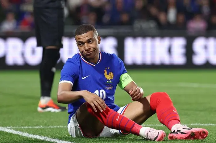 France's forward #10 Kylian Mbappe reacts during the International friendly football match between France and Luxembourg at Saint-Symphorien Stadium in Longeville-les-Metz, eastern France, on June 5, 2024. (Photo by FRANCK FIFE / AFP)