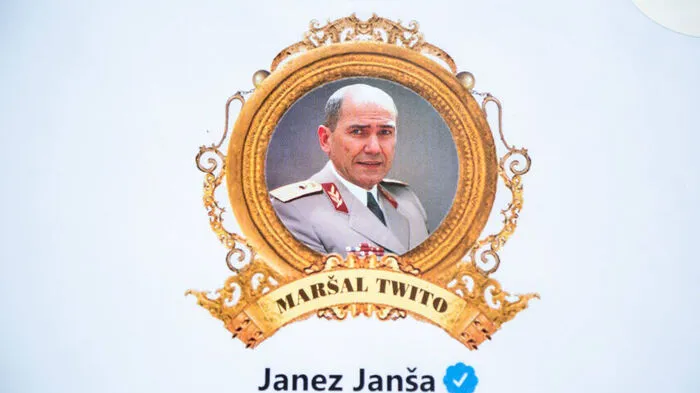 Janez Janša in einer Schmähfotomontage seiner Gegner