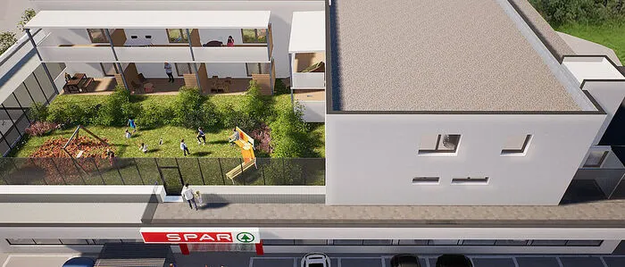 Eine Visualisierung zeigt den Wohnkomplex mit Spar-Markt im Erdgeschoss und Kinderspielplatz auf dem Dach