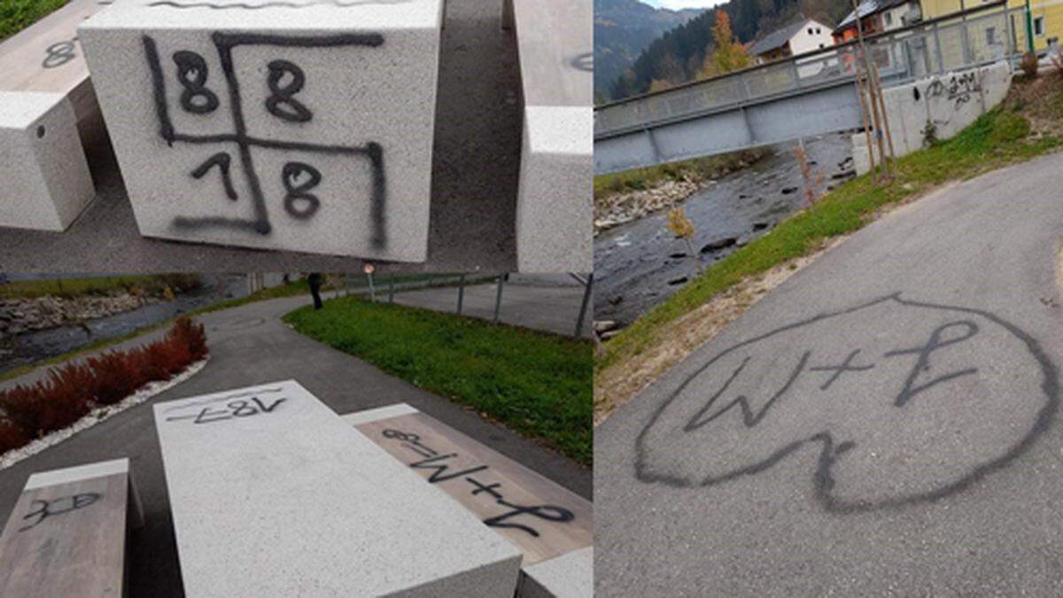 Zahlreiche Beschmierungen wurden an der &quot;Lavantmeile&quot; angebracht. Darunter auch ein Hakenkreuz