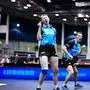 Sofia Polcanova (AUT) und Robert Gardos (AUT) jubeln während dem Spiel gegen Annett Kaufmann (GER) und Patrick Franziska (GER) am Freitag, 18. Oktober 2024, anlässlich des Doppel Halbfinales der Tischtennis Europameisterschaft in Linz.