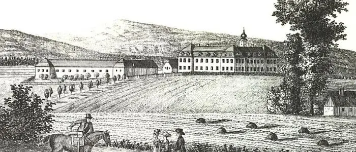 Schloss Dornegg um 1825; aus der zum Schloss gehörenden Meierei wurde die „Impf-Regenerierungsanstalt zu Sankt Florian“