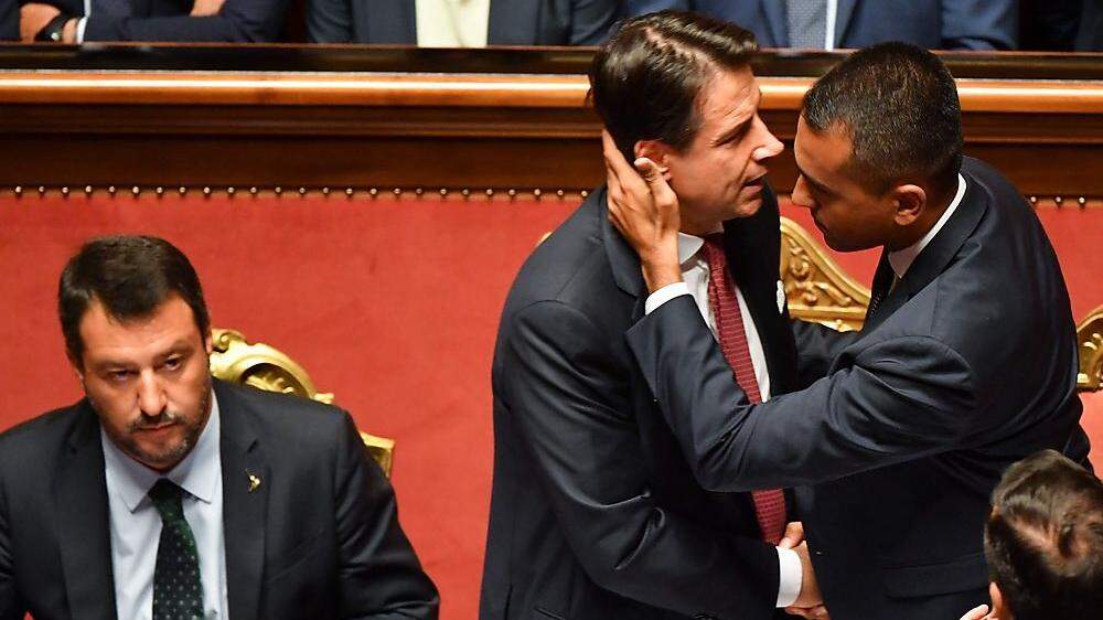 Lega-Chef Matteo Salvini, der scheidende Premier Guiseppe Conte und Fünf-Sterne-Chef Luigi DiMaio