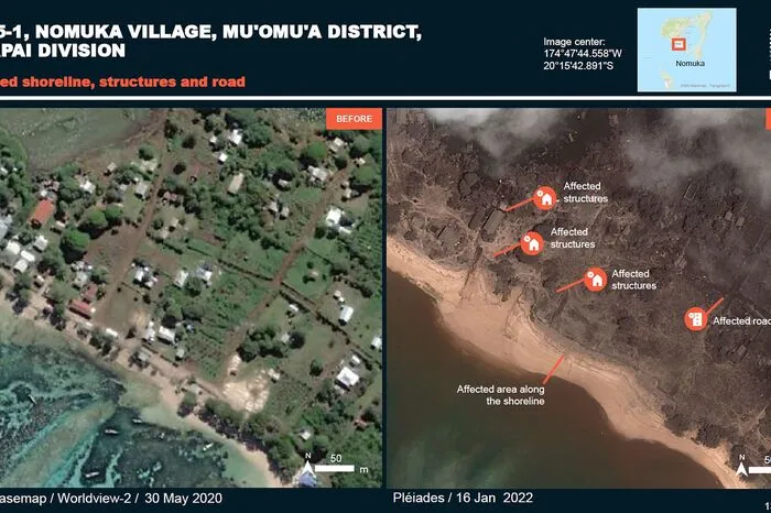 Die Fotos von Landstrichen vor und nach der Eruption und dem nachfolgenden Tsunami lassen keine Zweifel an der Zerstörungskraft des Unterseevulkans.