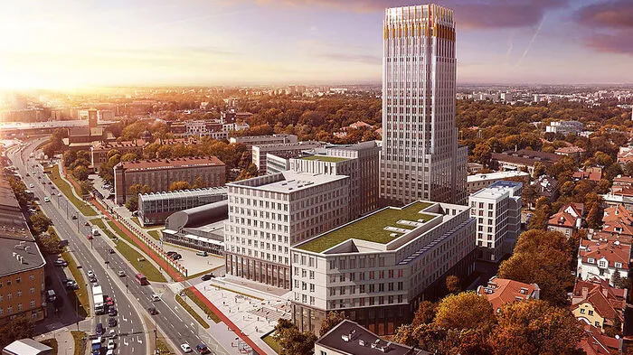 In der polnischen Stadt Krakau wird die Strabag SE eine Bauruine umbauen und einen Geschäftskomplex aus fünf Gebäuden errichten. In der Mitte der 102,5 Meter hohe Turm mit Aussichtsplattform.