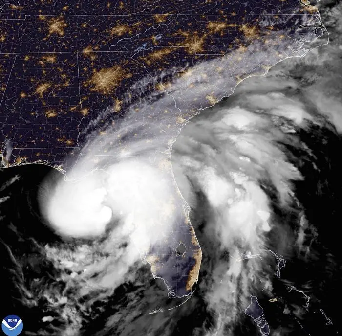 This National Oceanic and Atmospheric Administration satellite image taken at 11:11pm ET shows Hurricane Debby approaching Florida on Sunday, Aug. 4, 2024. (NOAA via AP)