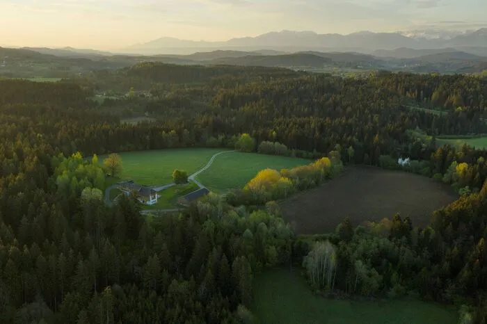 Der Hof steht auf einer freien, hellen Wiese auf  einem fels- und eichenbekrönten Hügel.