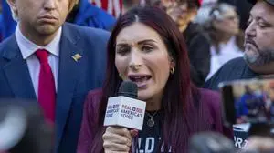 FILE - Right-wing activist Laura Loomer speaks in front of the courthouse where the hush-money trial of Donald Trump is underway, April 15, 2024, in New York. (AP Photo/Ted Shaffrey, File)
