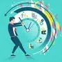 Business concept. Businessman trying to stop the time. Searching best time-schedule. Geometric elements. Vector flat illustration.