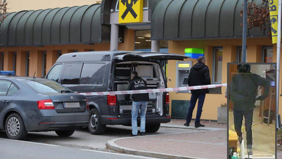 Die Polizei fahndet nach jenem Täter, der am Dienstag eine Bank in Krumpendorf überfallen hat. Rechts: Fahndungsfoto des Täters