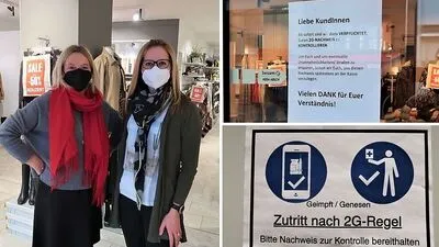 Sabine Zottler (links), Modebox Bruck: "Wir begegnen allen Kunden mit Freundlichkeit, da kommt meist Freundlichkeit retour." Rechts: In vielen Geschäften hängen Schilder, die auf die 2G-Kontrolle hinweisen
