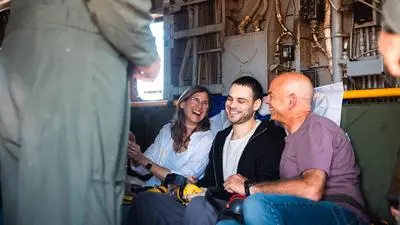 Returned hostage Alon Ohel is reunited with his parents on Monday, October 13, 2025, after spending more than two years in Hamas captivity. Photo via Israel GPO/ PUBLICATIONxNOTxINxUSA WAX2025101335 ISRAELxGPO