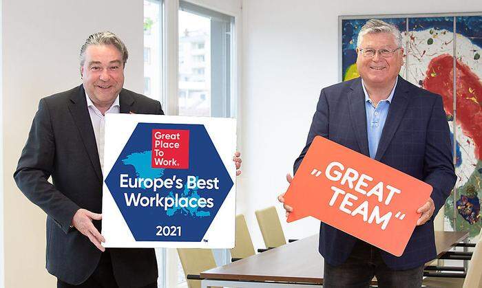 Great Place to Work zeichnet jährlich Europas beste Arbeitsplätze aus. Walerich Berger und Walter Ferk (re.) stolz: Jugend am Werk Steiermark  ist einer der Gewinner 