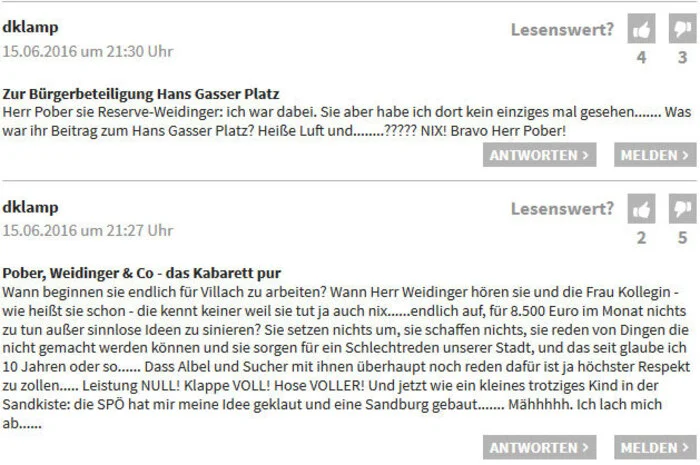 Hier lobt "dklamp" alias Andreas Sucher (SPÖ) seinen Parteifreund und Bürgermeister Günther Albel sowie sich selbst dafür, dass sie überhaupt noch mit den ÖVP-Politikern Peter Weidinger und Christian Pober reden. 