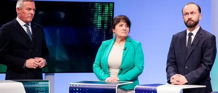 Die Landesparteispitzen Mario Kunasek (FPÖ), Manuela Khom (ÖVP) und Max Lercher (SPÖ) am Abend der Gemeinderatswahlen am 23. März
