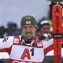 Austria's Marcel Hirscher waits at the finish area during an alpine ski, men's World Cup slalom, in Kitzbuehel, Austria, Saturday Jan. 26, 2019. (AP Photo/Alessandro Trovati)