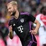 Bayern Munich's Austrian midfielder Konrad Laimer celebrates after scoring a goal during the friendly football match Bayern Munich v AS Monaco in Unterhaching near Munich, southern Germany, on August 7, 2023. (Photo by Christof STACHE / AFP)