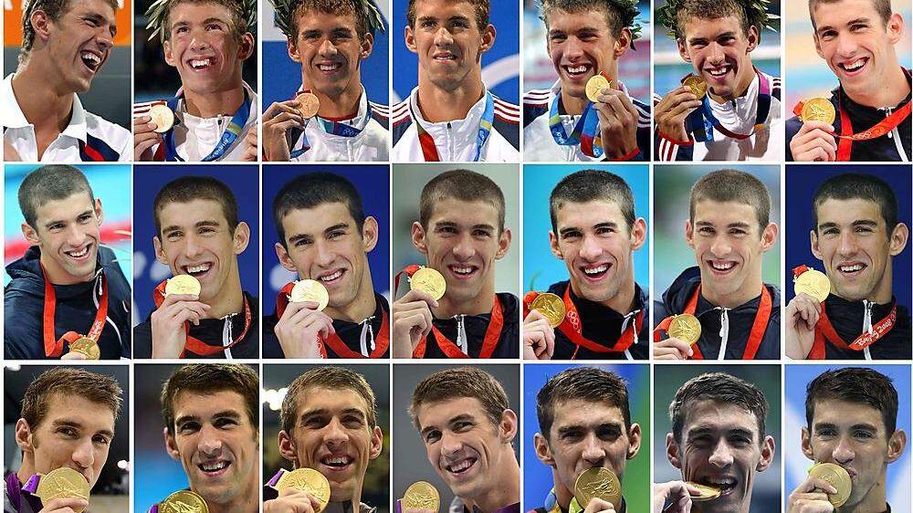 Michael Phelps mit 21 seiner Goldmedaillen