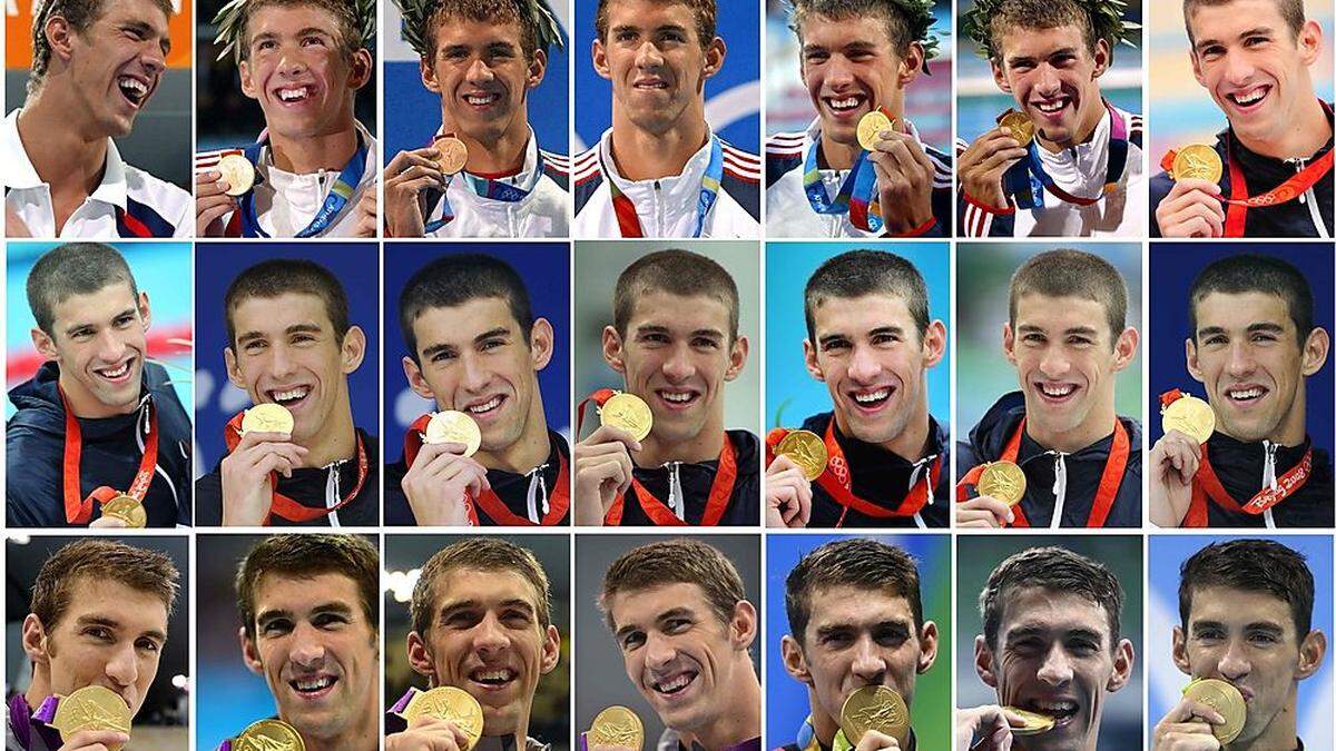 Michael Phelps mit 21 seiner Goldmedaillen