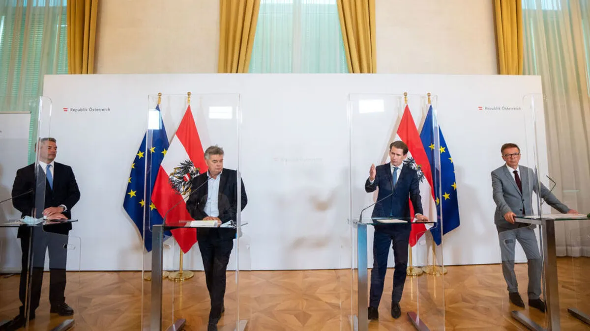 Nehammer, Kogler, Kurz und Anschober kündigen die neuen Maßnahmen an