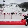 Competition staff fold the finish line arrival inflatable gate as the Men's Slalom event of the FIS Alpine Ski World Championship 2023 in Val d'Isere is cancelled due to snowfall and weather conditions, on December 10, 2023. (Photo by JEFF PACHOUD / AFP)