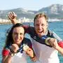 MARSEILLE,FRANCE,08.AUG.24 - OLYMPICS, SAILING - Olympic Summer Games Paris 2024, mixed dinghy. Image shows the rejoicing of Lara Vadlau and Lukas Maehr (AUT). Keywords: medals. Photo: GEPA pictures/ Matic Klansek
