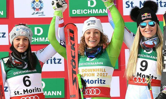 Das Gewinner-Trio von links nach rechts: Stephanie Venier, Ilka Stuhec und Lindsey Vonn