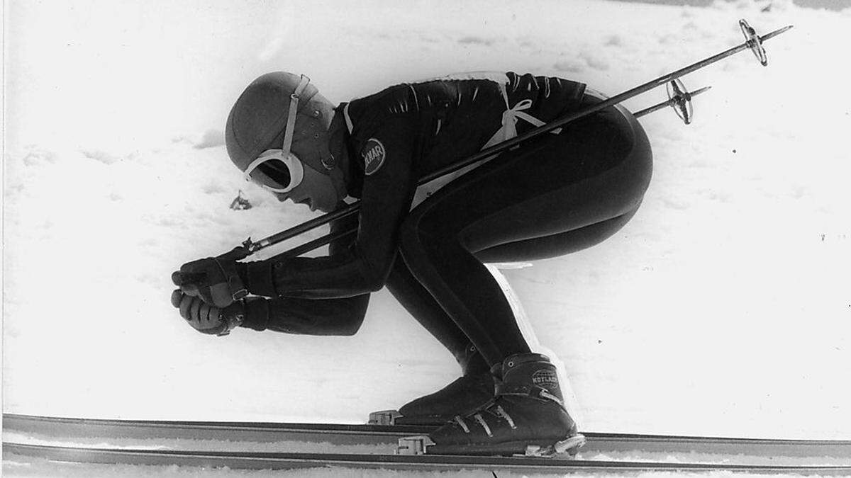 Dieses Bild zeigt Christl Herbert-Staffner 1964 bei ihrem Geschwindigkeitsrekord in Cervinia