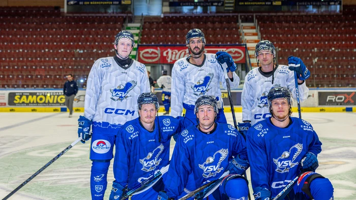 Neu dabei: Scott Walford, Ryan Sproul, Lukas Schreier (oben, von links), Linus Andersson, Sean Larochelle und Julian Metzler (unten, von links)