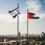 flags of Palestine and Israel against sky and old Jerusalem. Two States for two peoples. Two-state solution concept. Separate ownership of Jerusalem. The division of the city between two peoples.