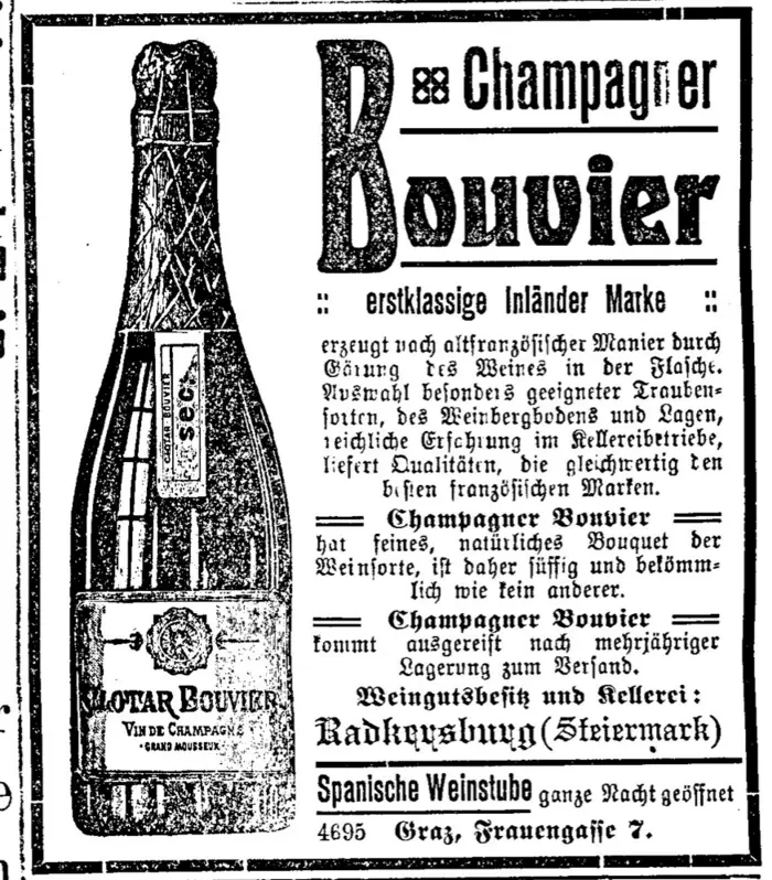  Zeitgenössische Werbung für Champagner aus dem Hause Bouvier und Kleinoscheg 