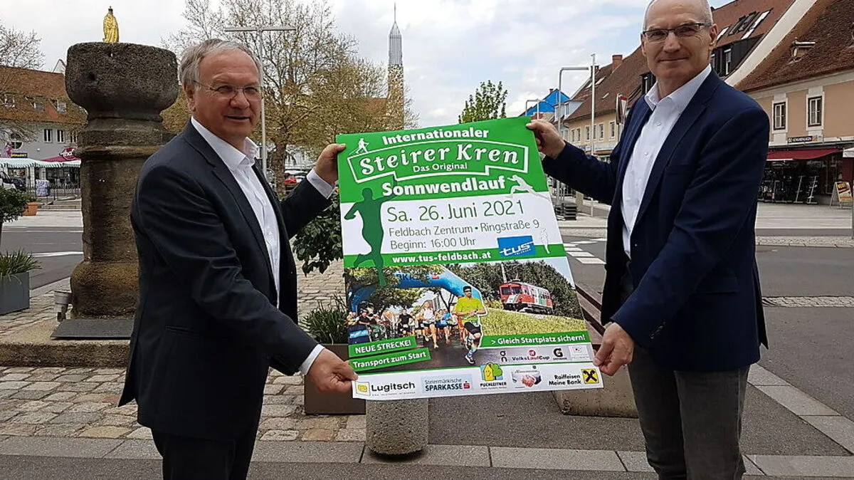 TUS-Obmann Erwin Klobasa und Bürgermeister Josef Ober präsentierten den Sonnwendlauf
