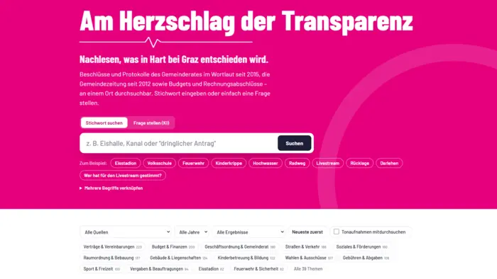 Screenshot der Website mit Suchfeld und tags